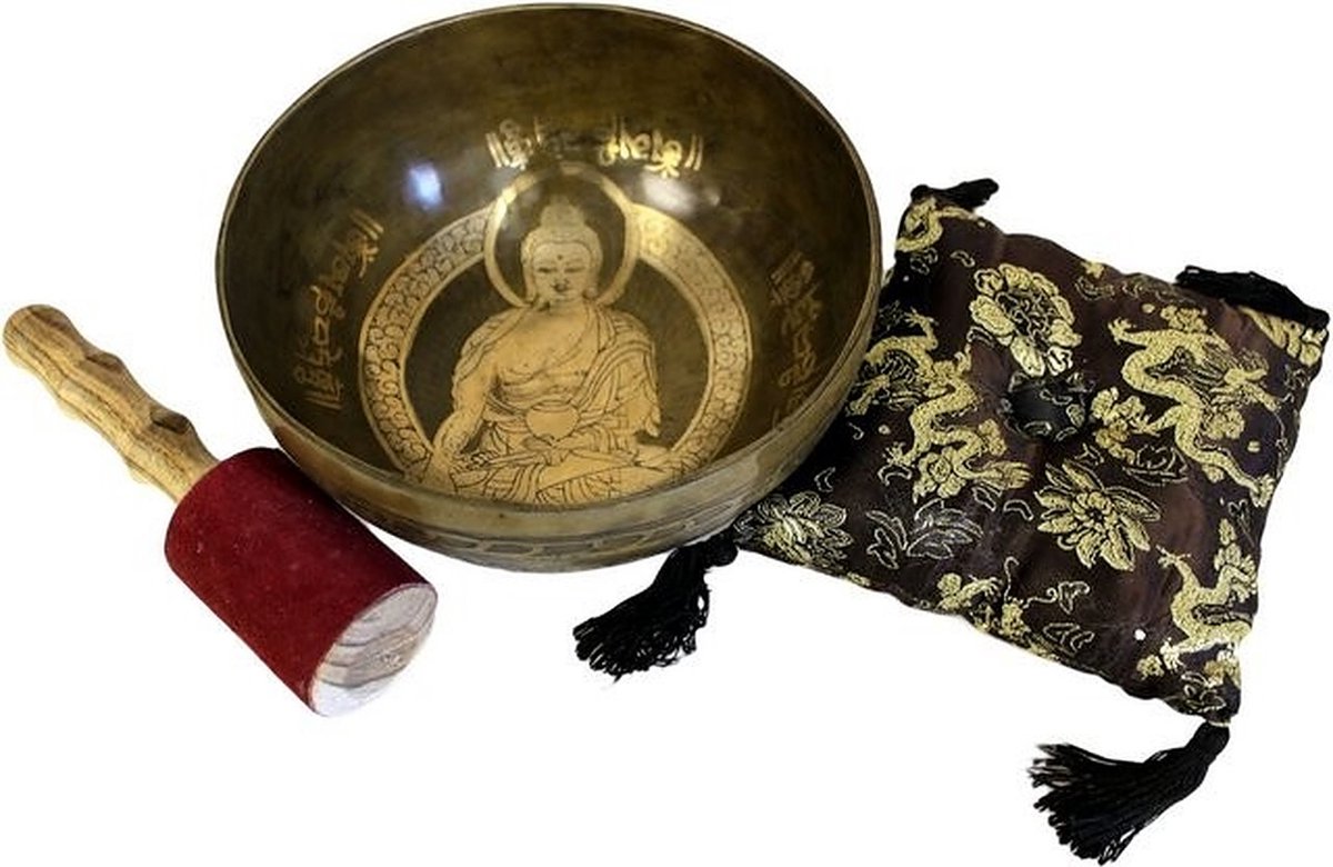 Tibetaanse Koperen Klankschaal Set - Gouden Boeddha - 19cm - Singing Bowl - Klank Schaal - Meditatie Schaal met Aanstrijkhout & Kussen - Joy of Balance