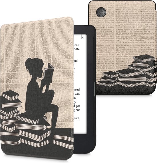 kwmobile hoes geschikt voor Kobo Clara 2E - Magnetische sluiting - E reader cover in zwart / beige - Meisje met boeken design