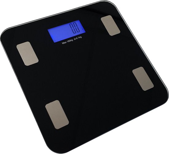 Balance numérique noire avec écran bleu. Max 180kg d=0.1kg. Quatre points de contact argentés.