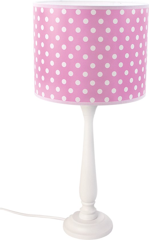 Staande lamp - Bureaulamp - Kinderlamp - Roze - Wit - Stippen - Hout - Lampenkap