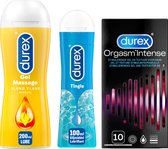 Durex - Play Massage 2/1 Sensitive 200ML - Play Tingle Glijmiddel 100ML - Condooms Orgasm Intense Stimulerende Gel 10st