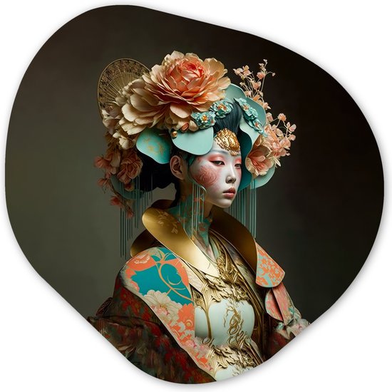 Organische Wanddecoratie - Kunststof Muurdecoratie- Organisch Schilderij - Vrouw - Bloemen - Oranje - Portret - Asian- 90x90 cm - Organische spiegel vorm op kunststof