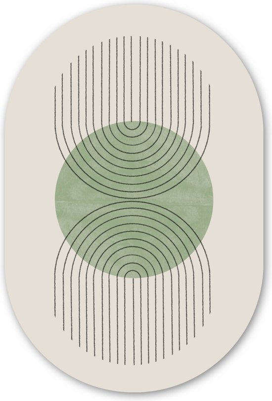 Wandcirkel - Muurovaal - Cirkel - Lijnen - Abstract - Groen - Minimalisme - Ovalen Schilderij - Muurcirkel binnen - Muurdecoratie - Woonkamer - 60x90 cm - Kamer decoratie - Slaapkamer