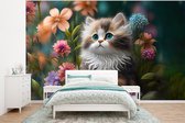 Behang - Fotobehang Kitten - Illustratie - Bloemen - Natuur - Kat - Breedte 375 cm x hoogte 280 cm