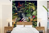 Behang - Fotobehang Jungle dieren - Natuur - Jongens - Meisjes - Flamingo - Zebra - Breedte 205 cm x hoogte 280 cm