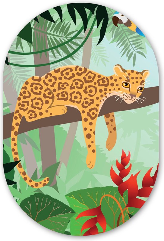 Muurovaal - Wandovaal - Kunststof Wanddecoratie - Ovalen Schilderij - Jungle dieren - Toekan - Jongens - Meiden - Luipaard - 60x90 cm - Ovale spiegel vorm op kunststof