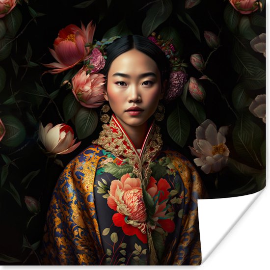 Poster Vrouw - Asian - Kimono - Bloemen - Portret - 30x30 cm