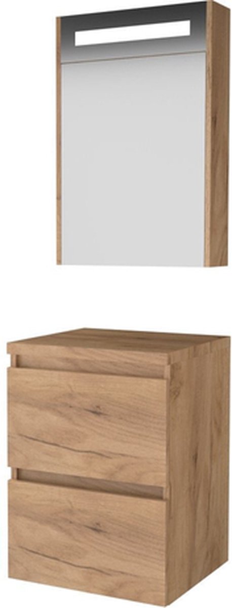Basic-Line Premium 46 badkamermeubelset - 50x46cm - greeploos - 2 lades - wastafelblad - Spiegelkast - geintegreerde LED verlichting - MFC Whisky Oak