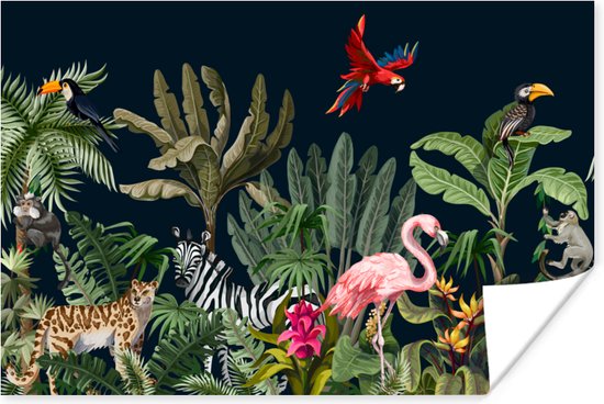 Poster Jungle - Plantes - Animaux - Enfants - Flamingo - Zebra - 30x20 cm