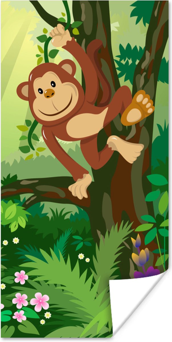 Poster Aap - Jungle - Jongens - Meisjes - Bloemen - Kids - 75x150 cm - Poster Babykamer