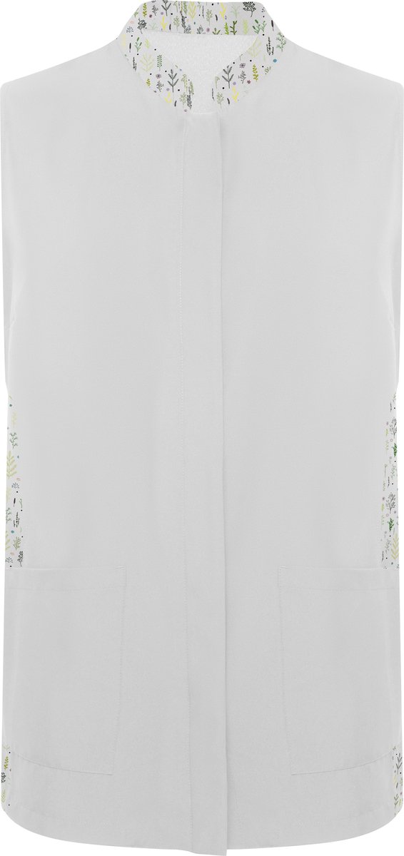 Wit met botanisch detail damesschort met blinde drukknopen, zakken en mao kraag ,model Aldany maat S