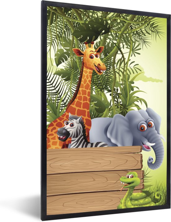 Fotolijst incl. Poster - Jungle dieren - Natuur - Planken - Kinderen - Giraffe - 80x120 cm - Posterlijst
