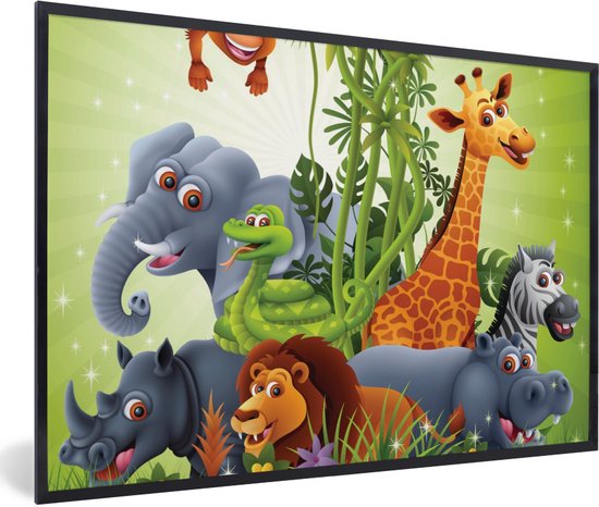 Fotolijst incl. Poster - Jungle dieren - Planten - Kinderen - Olifant - Giraf - Leeuw - 60x40 cm - Posterlijst