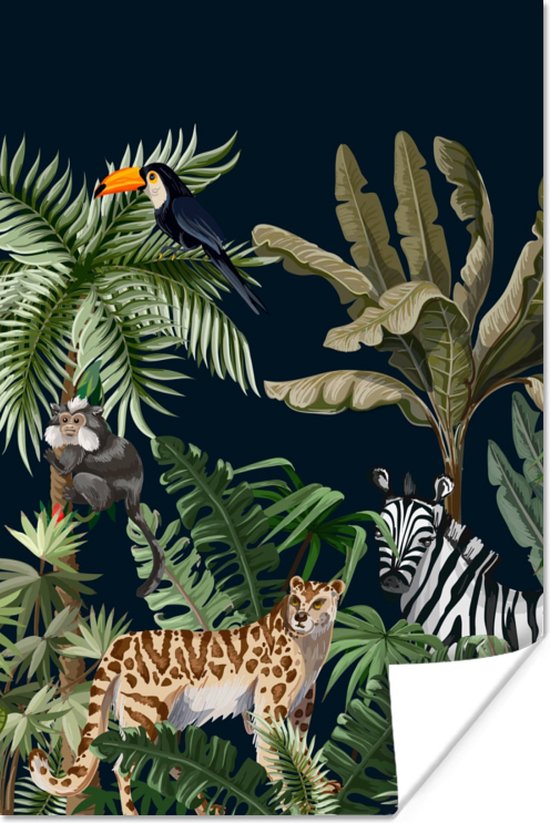 Poster Jungle - Planten - Dieren - Kinderen - Flamingo - Zebra - 20x30 cm