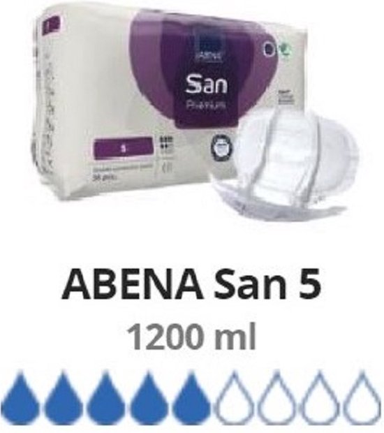 Pakket Abena San Premium 5, met 5 druppels en de tekst "1200 ml". Een product is uit de verpakking gehaald.