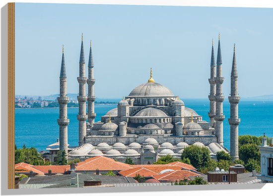 Hout - Sultan Ahmet Moskee aan de Zee van Turkije - 75x50 cm - 9 mm dik - Foto op Hout (Met Ophangsysteem)