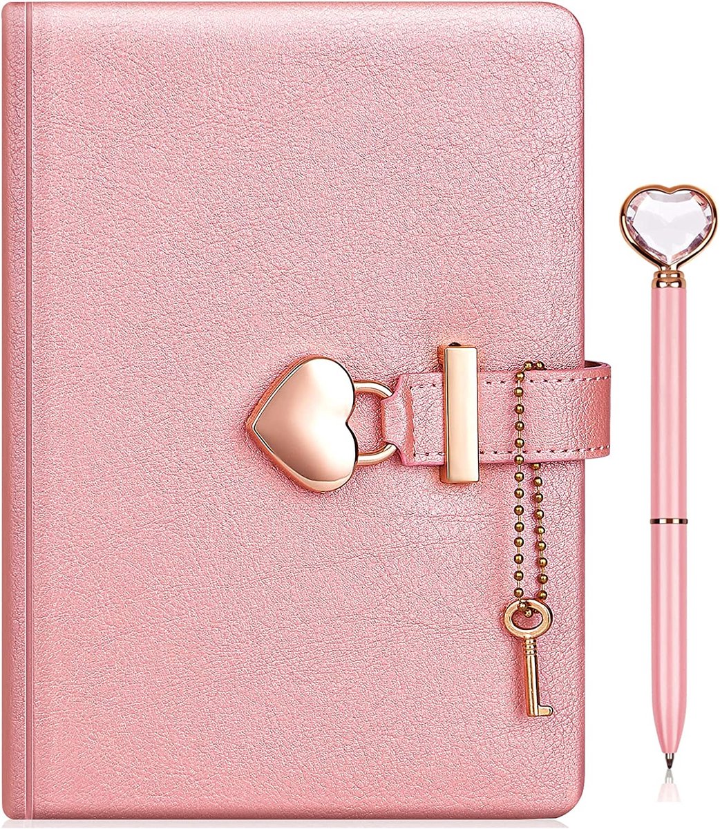 Hartvormig slotdagboek met sleutel + hart diamanten pen voor hoes Journal Personal Planner Organizer Geheim notitieboek voor vrouwen (parel roze)