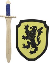 Houten struikrover zwaard en Schild Blauw ridder te paard
