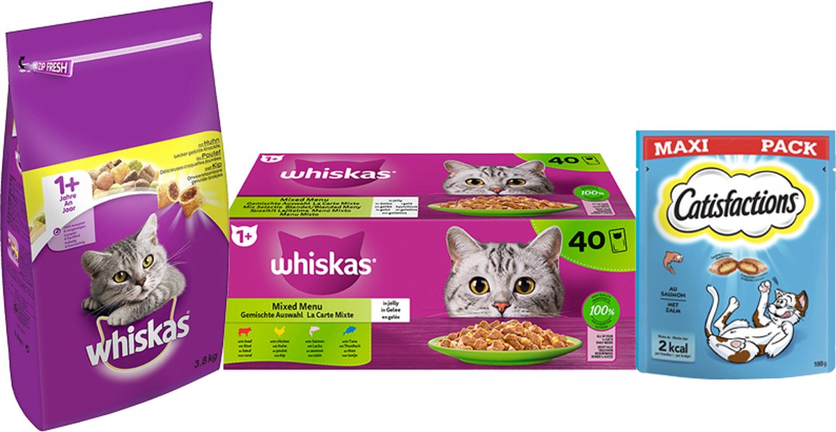 Whiskas & Catisfactions kattenvoeding weekpakket: nat (rund, kip, zalm & tonijn) + droog (kip) + snacks (zalm) - 7380g