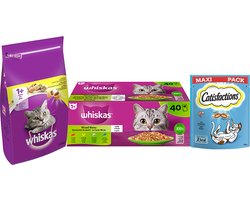 Whiskas & Catisfactions kattenvoeding weekpakket: nat (rund, kip, zalm & tonijn) + droog (kip) + snacks (zalm) - 7380g