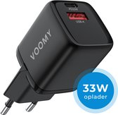 Voomy Snellader 33W - USB-C & USB-A - Oplader, adapter geschikt voor iPhone 10, 11, 12, 13, 14, 15 & Samsung S20, S21, S22, S23, S24 - Zwart
