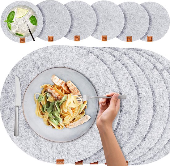 Design placemats van vilt en leer (rond) set met 4 wasbare premium