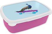 Broodtrommel Roze - Lunchbox - Brooddoos - Pauw - Blauw - Skateboard - Dieren - Grappig - 18x12x6 cm - Kinderen - Meisje