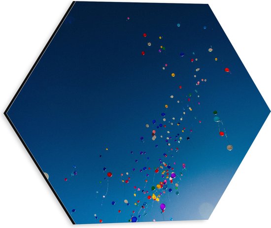 Dibond Hexagon - Lucht Vol Gekleurde Ballonnen - 30x26.1 cm Foto op Hexagon (Met Ophangsysteem)