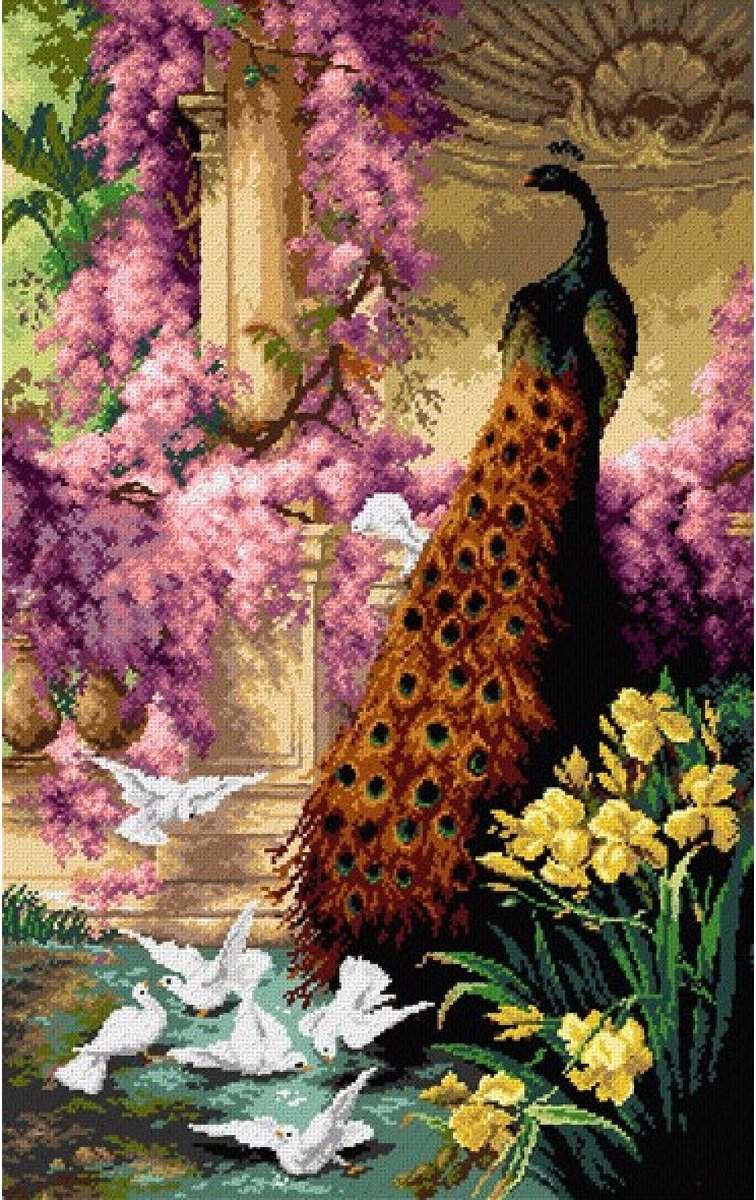 Voorbedrukt stramien om te borduren - ORCHIDEA - PAUW EN DUIVEN - 50 x 81 cm (ZONDER GARENS) - 2629