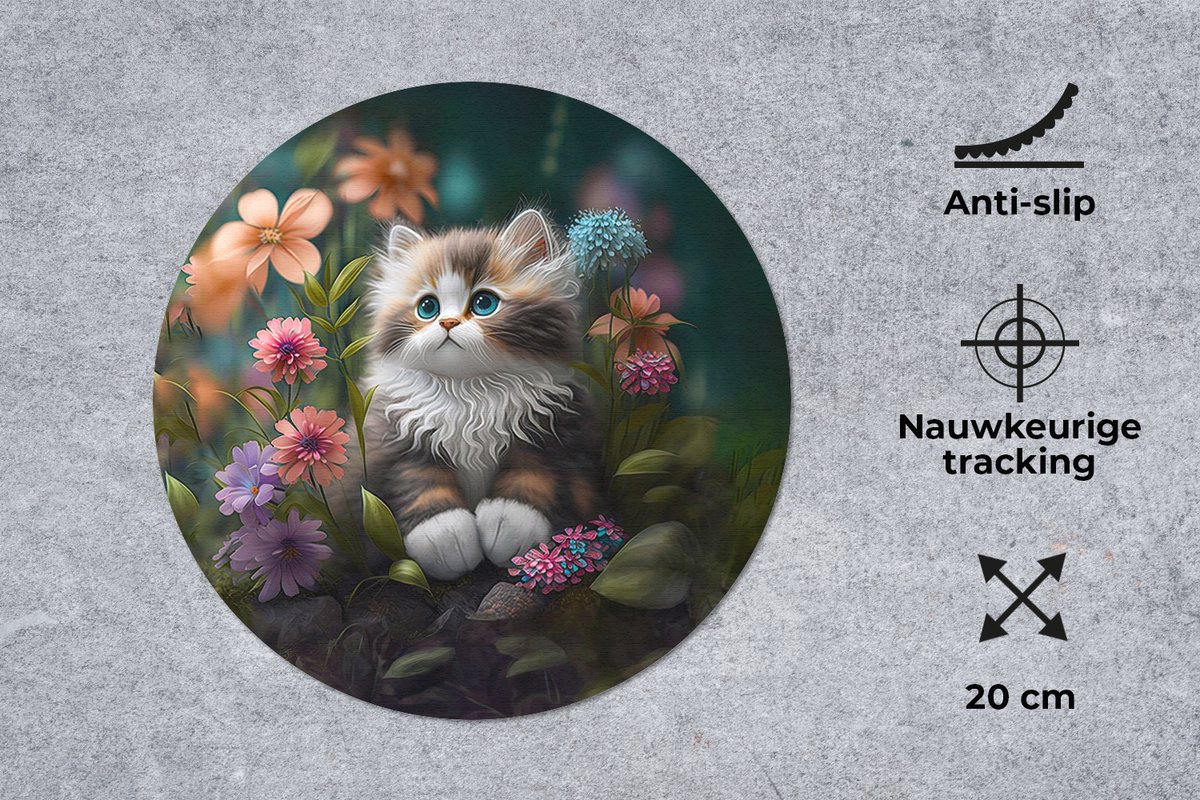 Muismat rond 20x20 cm - Mousepad Kitten - Illustratie - Bloemen - Natuur - Kat - Ronde muismatten