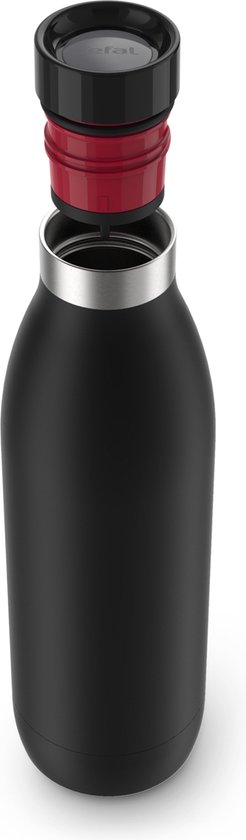 Zwarte Tefal Bludrop thermosfles met zilveren ring, de rode en zwarte dop is losgekoppeld.