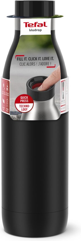 Zwarte Tefal Bludrop thermosfles met rode dop en "Fill it. Click it. Love it." tekst.