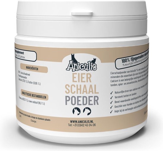 Pot Aniculis eierschaal poeder met ingrediënten en analytische bestanddelen.