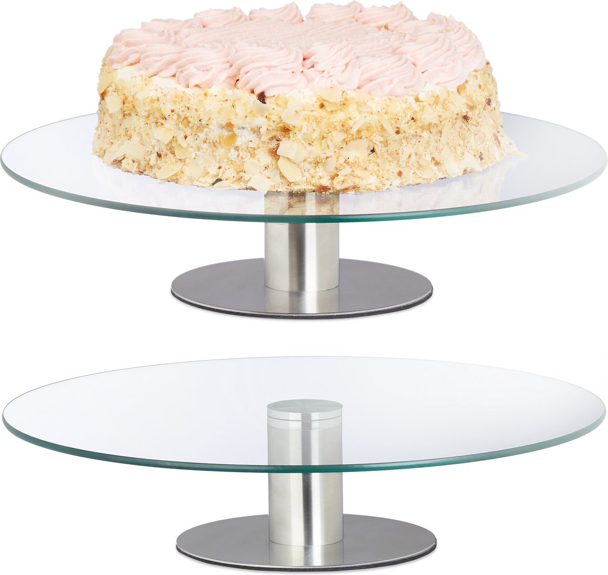 taartplateau set van 2 - draaibaar - Ø 30 cm - met voet - glas - transparant