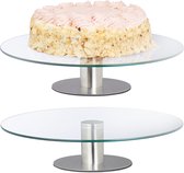 Relaxdays draaibaar taartplateau - set van 2 - met voet - Ø 30 cm - taartschaal glas rvs