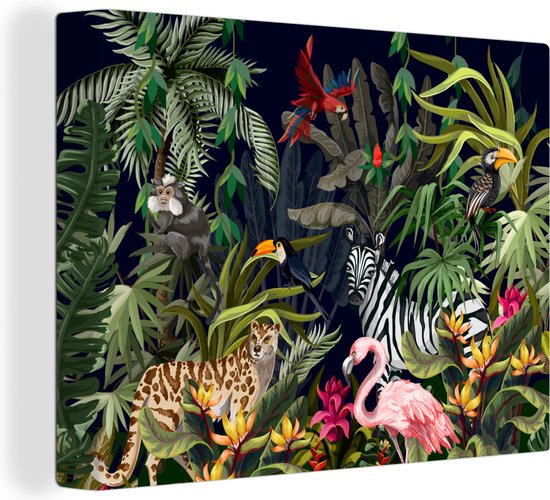 Canvas Schilderij Jungle dieren - Natuur - Jongens - Meisjes - Flamingo - Zebra - 120x90 cm - Wanddecoratie
