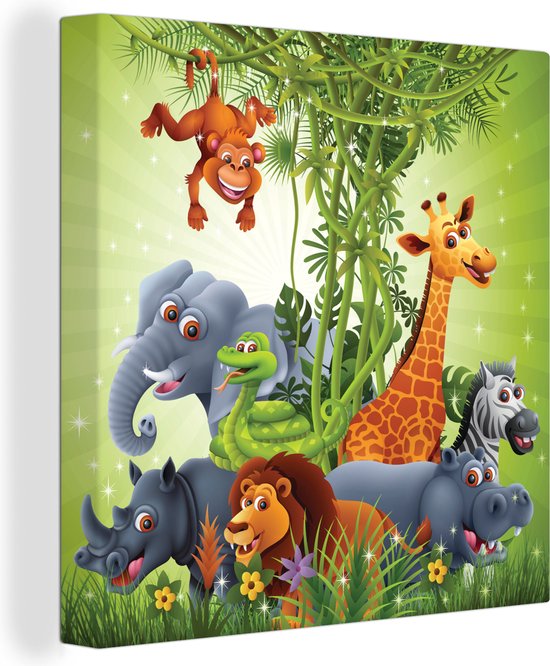 Canvas Schilderij Jungle dieren - Planten - Kinderen - Olifant - Giraf - Leeuw - 20x20 cm - Wanddecoratie