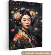 Canvas Schilderij Vrouw - Bloemen - Kimono - Portret - Asian - 30x40 cm - Wanddecoratie