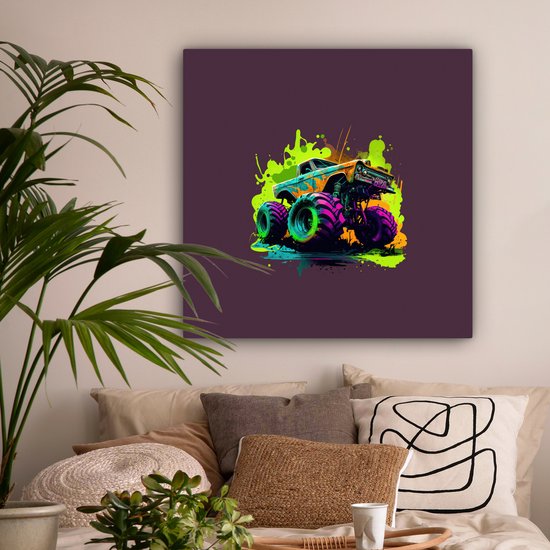 Canvas Schilderij Monstertruck - Groen - Neon - Auto - Design - 90x90 cm - Wanddecoratie