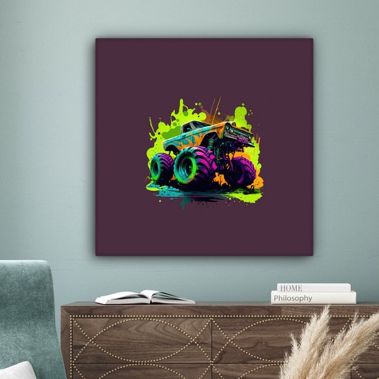 Canvas Schilderij Monstertruck - Groen - Neon - Auto - Design - 90x90 cm - Wanddecoratie