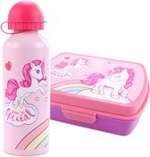 Broodtrommel + drinkfles Unicorn | Lunchbox voor kinderen + stickers | Eenhoorn Roze LS03a