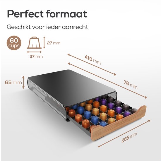 Zicht op de open lade van de capsulehouder met 60 koffiecups in diverse kleuren. Afmetingen worden getoond.