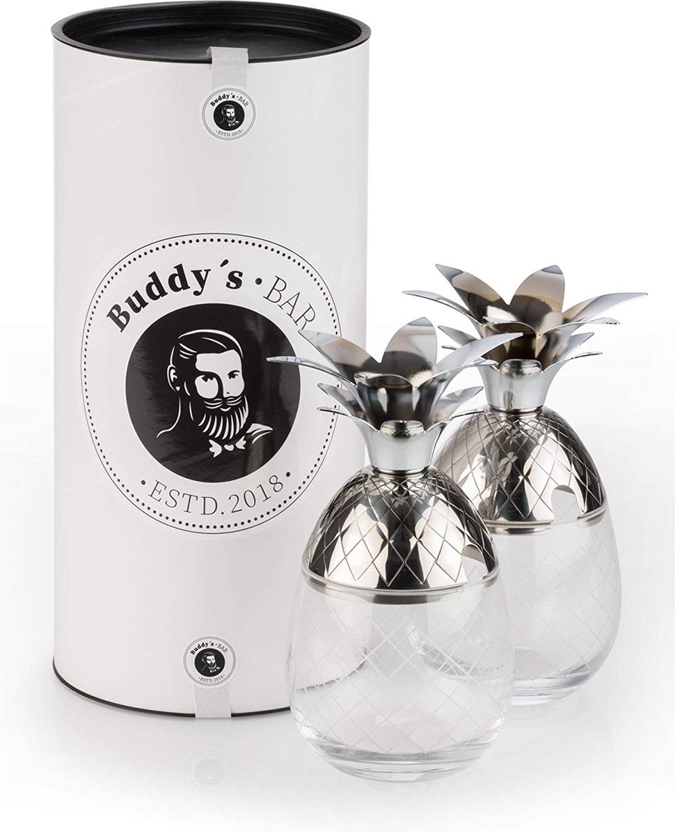 Buddy´s Bar Ananas cocktail mokken - Moscow Mule bekers - 350 ml - set van 2 - roestvrij staal en glas
