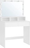 Witte kaptafel met spiegel en 9 LED lampen. Leeg, met 2 lades en 3 open vakken.