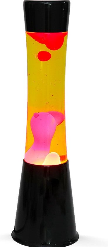 Zwarte lava lamp met gele vloeistof en roze/rode lava. Licht in de voet.
