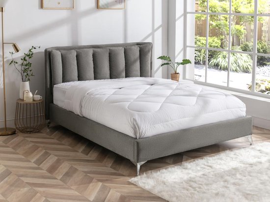 Bed 160 x 200 cm met gewatteerd hoofdbord - Stof - Grijs - FUNITI L 184 cm x H 112 cm x D 231.5 cm