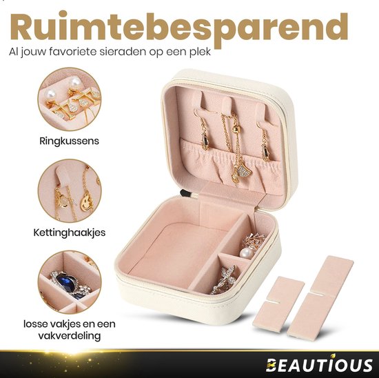 Beautious® Luxe Sieradendoos – Sieradenhouder – Juwelendoos – Organizer – Compact - Ring/Oorbellen/ Ketting/Horloge - Creme Wit