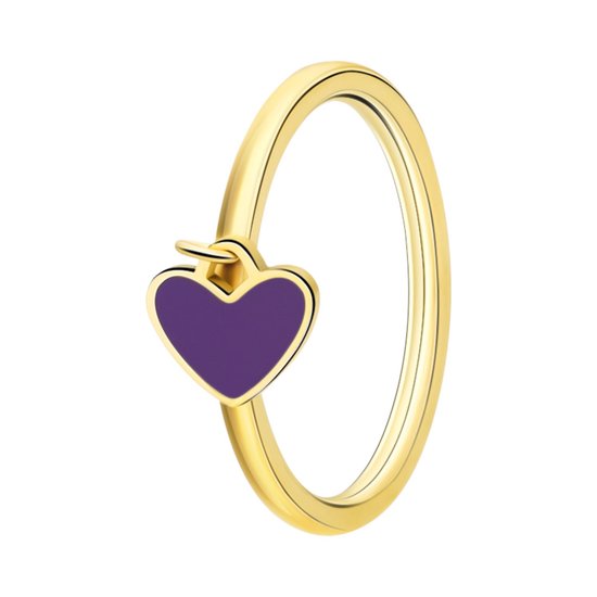 Lucardi Kinder Stalen goldplated ring met hart emaille violet - Ring - Staal - Goudkleurig - 16 / 50 mm