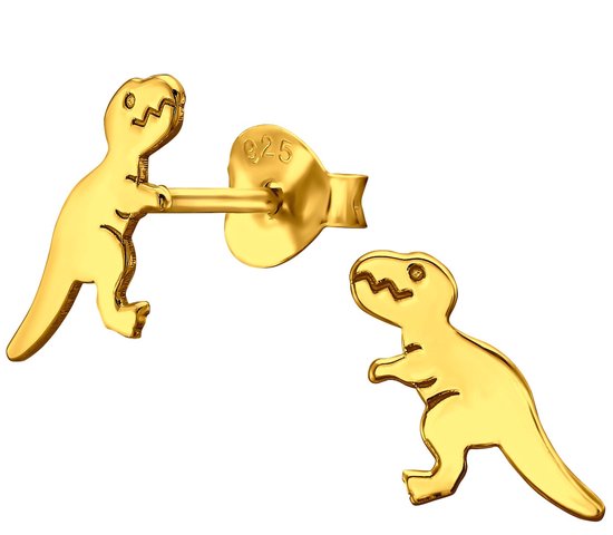 Joy|S - Zilveren dino oorbellen - 8 x 10 mm - dinosaurus oorknoppen - 14k goudplating