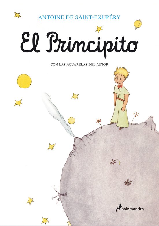 El Principito, met de kleine prins in een groen pakje op een planeet, omringd door sterren en planeten. Met de tekst 'El Principito'.
